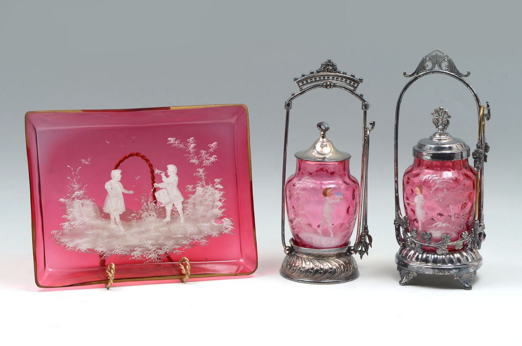 Appraisal: PC CRANBERRY GLASS MARY GREGORY TRAY AND PICKLE JARS Comprising