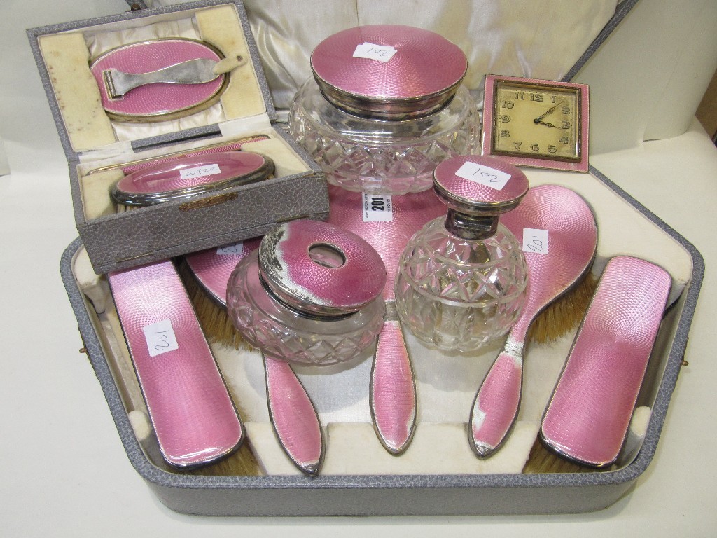 Appraisal: Lot comprising cased silver and enamel dressing table set with