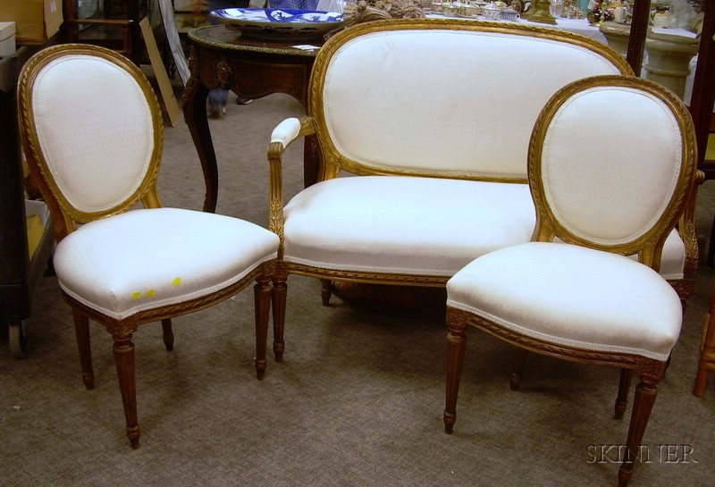 Appraisal: Three-piece Louis XV Style Upholstered Giltwood Seating Suite a settee