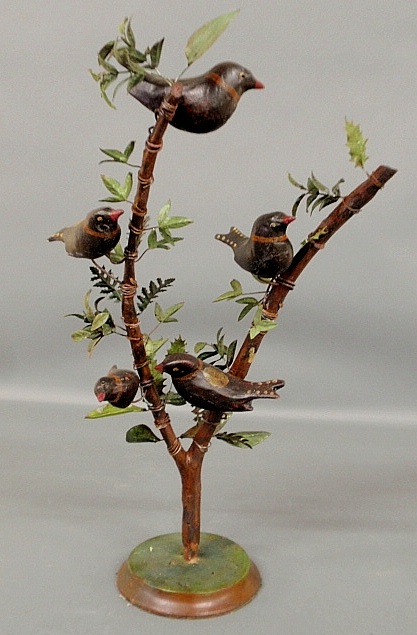 Appraisal: - Carved wood and paint decorated bird tree th c