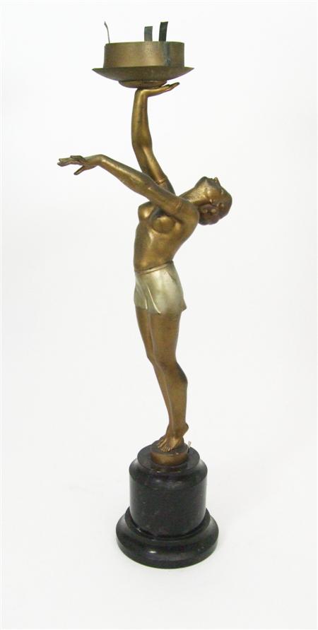 Appraisal: ART DECO FIGURAL TABLE LAMP CIRCA patinated spelter modelled as