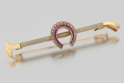 Appraisal: A Gold Diamond and Ruby Riding Crop Brooch k yellow