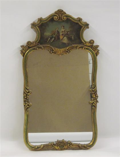 Appraisal: Continental gilt wood trumeau mirror The arched painted panel surmounted