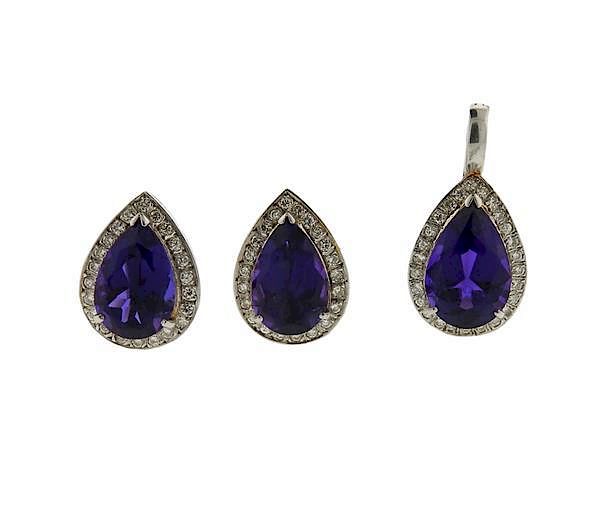 Appraisal: K Gold Purple Stone Diamond Earrings Pendant Set METAL K