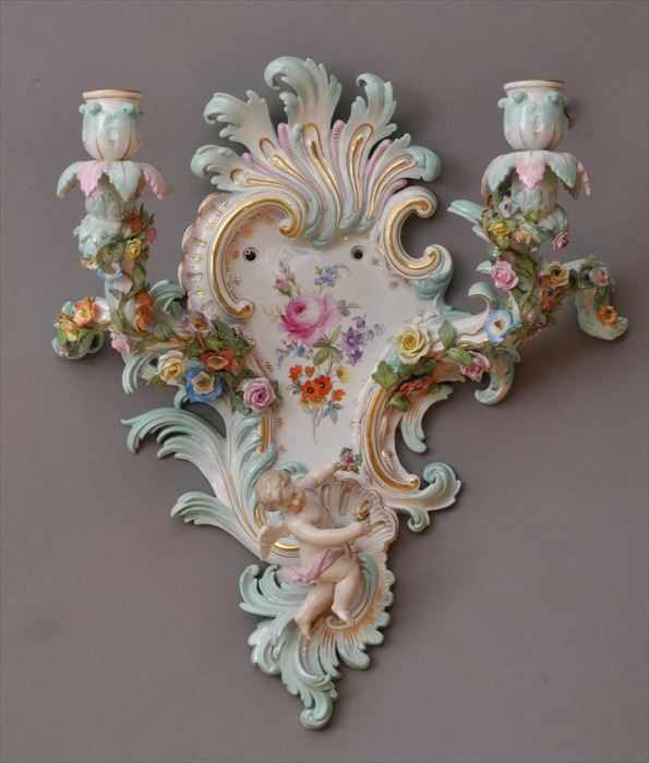 Appraisal: MEISSEN PORCELAIN TWO-LIGHT WALL APPLIQUE With overglaze crossed swords and