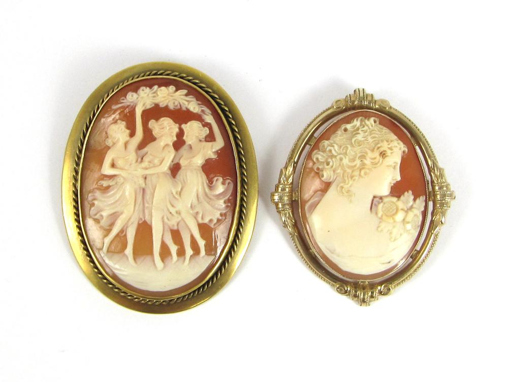 Appraisal: TWO CAMEO AND YELLOW GOLD PENDANT BROOCHES including an oval