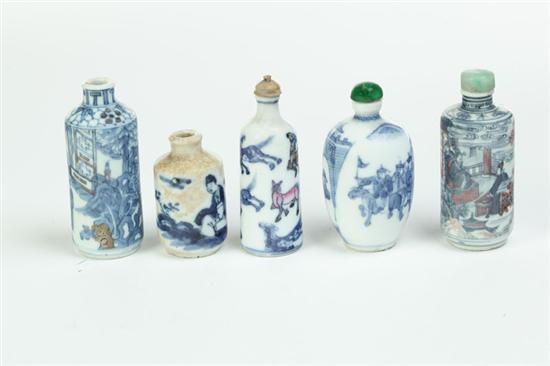 Appraisal: FIVE SNUFFS BOTTLES China probably th century porcelain Hand decorated