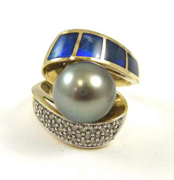 Appraisal: TAHITIAN BLACK PEARL OPAL AND DIAMOND RING The k yellow