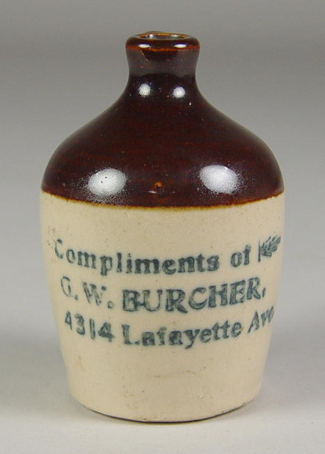 Appraisal: Miniature Whiskey Jug Early 's Marked GW Burcher Lafayette Avenue