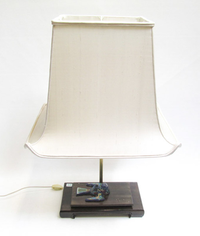 Appraisal: CHINESE TABLE LAMP WITH CLOISONNE BIRD mounted atop a rectangular