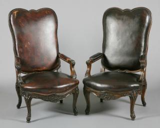 Appraisal: Pair of th c French armchairs in leather Pair of