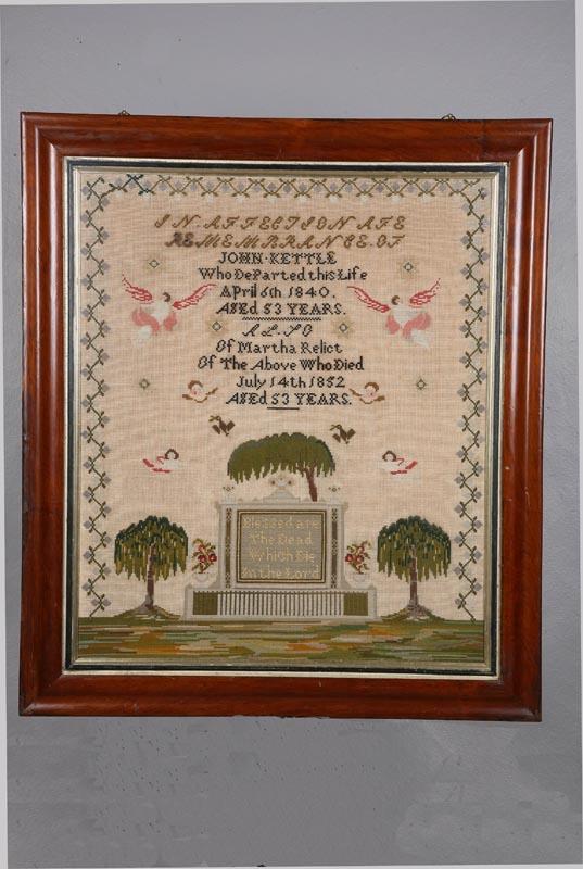 Appraisal: NEEDLEWORK MEMORIAL American or English wool on canvas Large colorful