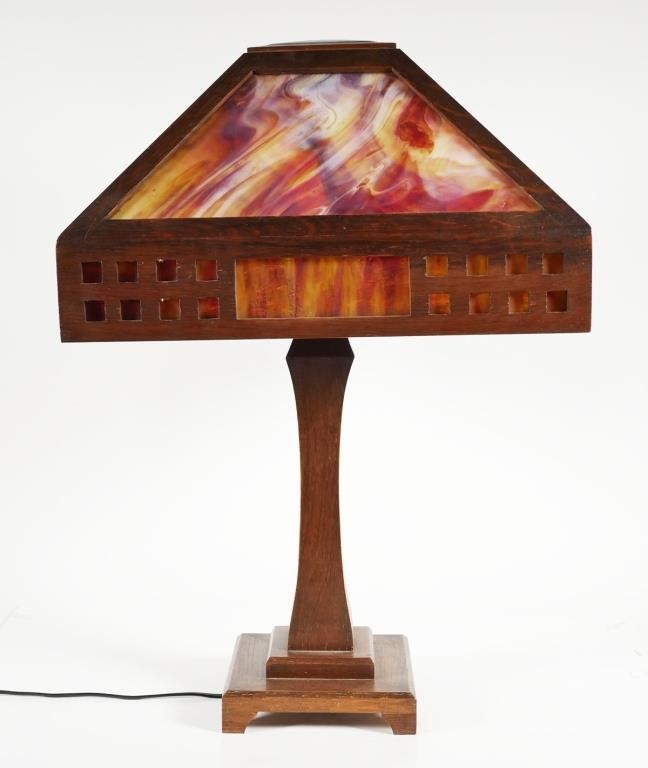 Appraisal: Oak Craftsman style lamp with red cream and yellow slag