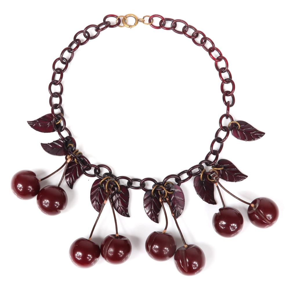 Appraisal: VINTAGE BAKELITE PURPLE BLACK CHERRY FRUIT DANGLE BIB NECKLACE ON