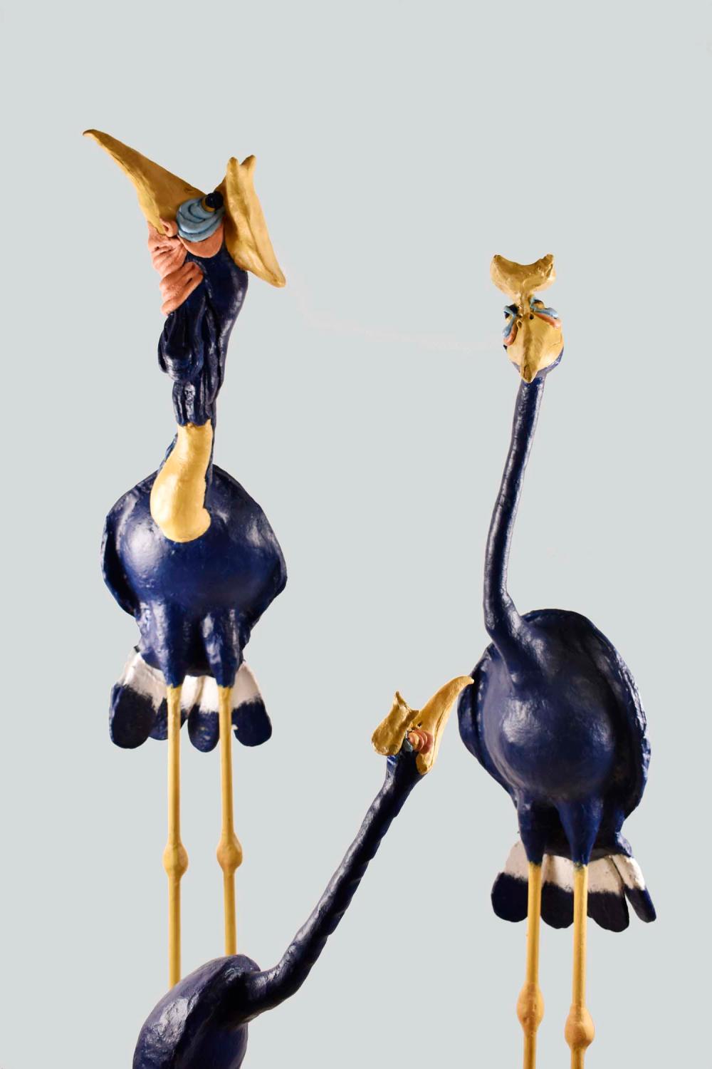 Appraisal: TODD WARNER AMERICAN B SCULPTURESThree Whimsical Long-Legged Birds Painted Coated