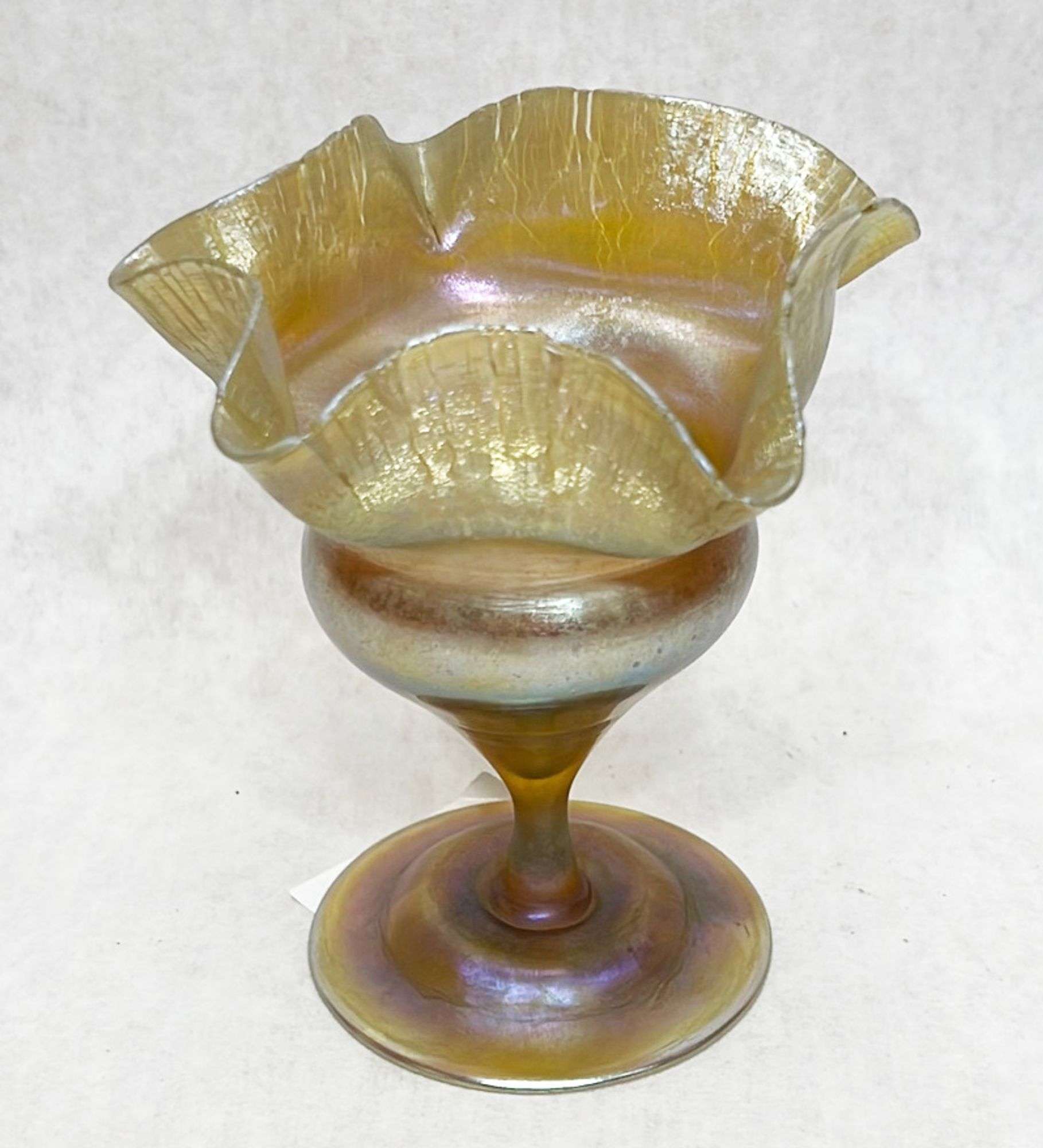 Appraisal: TIffany Favrile art glass footed compoteEarly thC Signed on underside