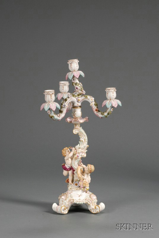 Appraisal: Meissen Porcelain Four-Light Candelabra Germany late th century rococo base