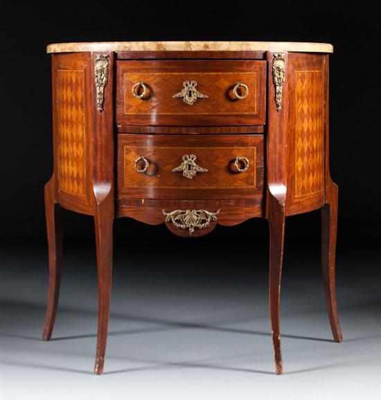 Appraisal: Louis XV style gilt-metal-mounted parquetry inlaid walnut marble top demilune