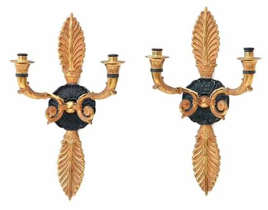 Appraisal: Pair French gilt-metal two-light sconces late th early th century