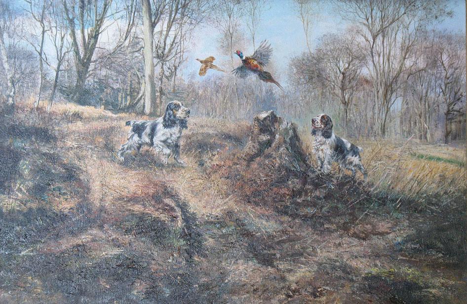 Appraisal: HENRY WILKINSON Spaniels putting up pheasants in a wooded landscape