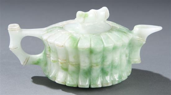 Appraisal: Chinese carved jade diminutive teapot Green jade teapot having a