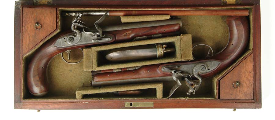 Appraisal: CASE PAIR OF WOGDON BARTON FLINTLOCK PISTOLS NSN Cal -