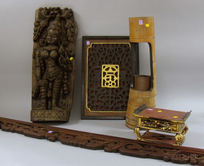 Appraisal: Five Assorted Asian Wooden Articles two carved wood fragments a