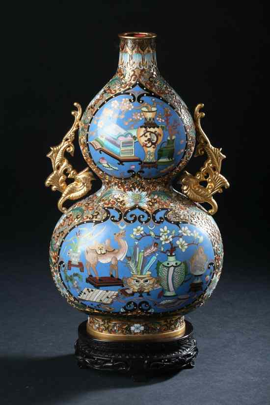 Appraisal: CHINESE CLOISONN ENAMEL DOUBLE GOURD VASE Flower-filled vase and precious