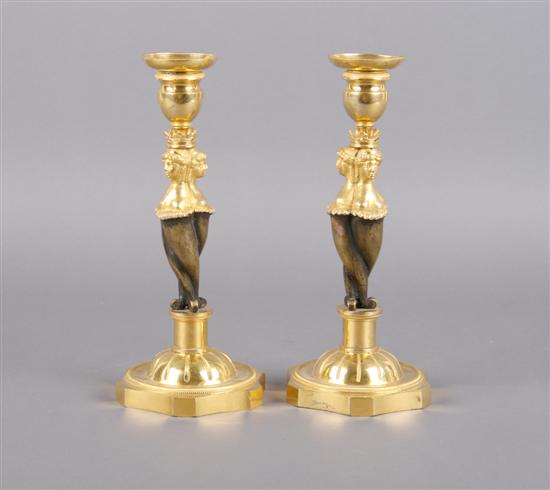 Appraisal: A Pair of Figural Gilt Bronze Candlesticks Height inches