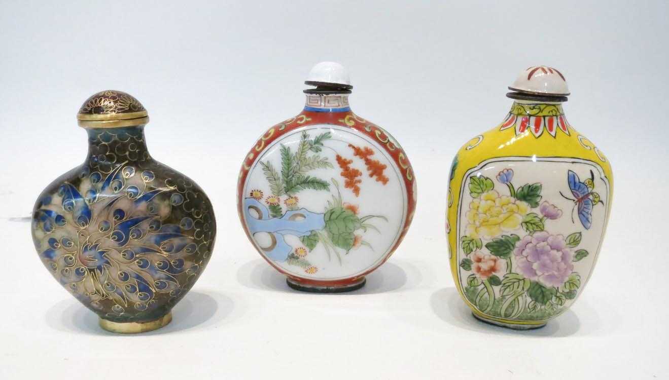 Appraisal: THREE SNUFF BOTTLES in various form and motifs cloisonne and