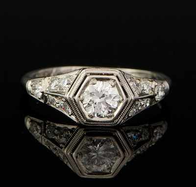 Appraisal: An Art Deco Platinum and Diamond Ring Platinum filigree ring