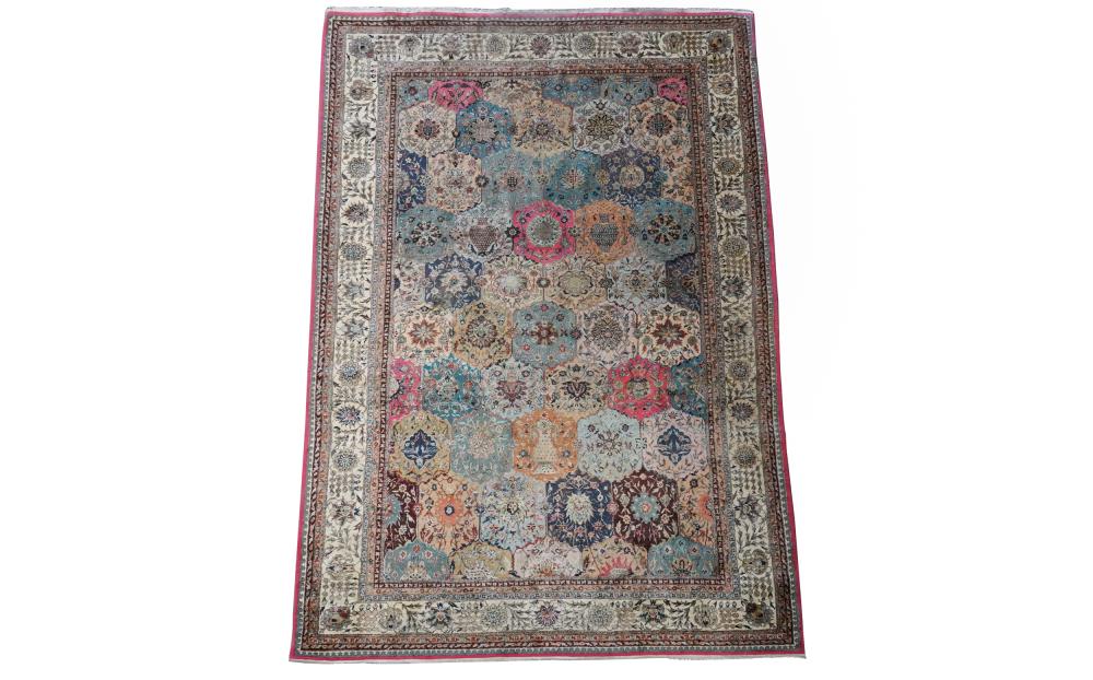 Appraisal: PERSIAN CARPETmulti-color floral urn design Condition with reduced fringe '