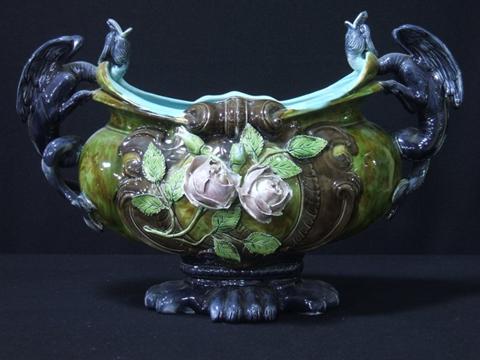 Appraisal: LARGE MAJOLICA OVAL CENTERPIECE BOWL With dragon handles the sides