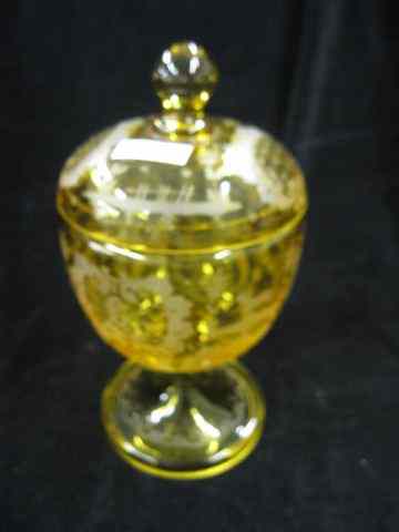 Appraisal: Golden Topaz Cut-to-Clear Covered Jar classic deer castle decor ''