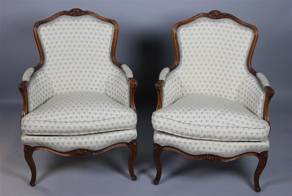 Appraisal: PAIR OF LOUIS XV STYLE FRUITWOOD BERGERES each with shaped