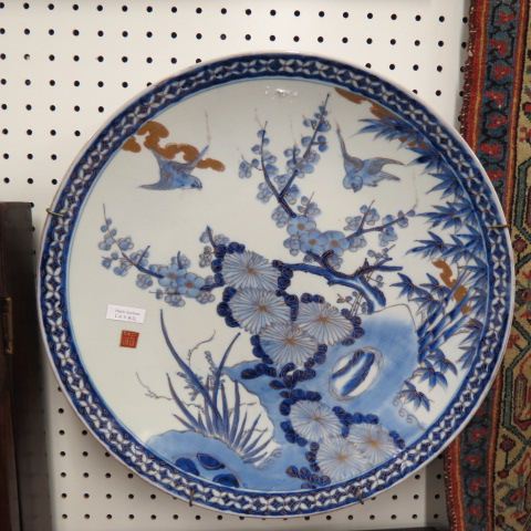 Appraisal: Oriental Blue White Porcelain Charger bird floral bamboo gold hightlights