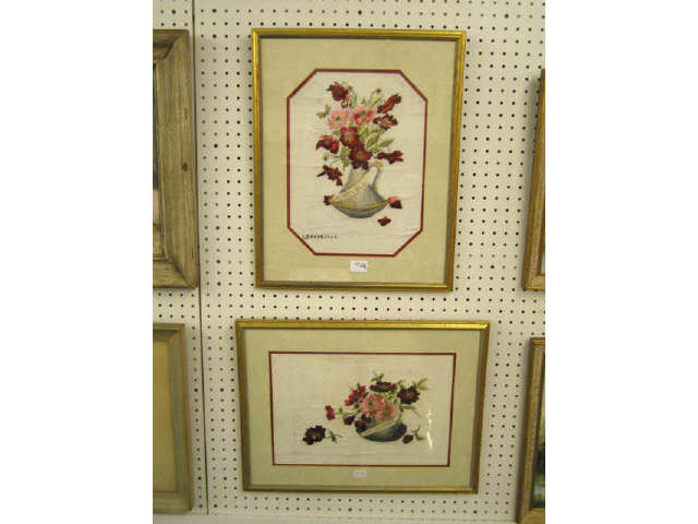 Appraisal: Pair of L Braun Silk Embroidery Still lifes flowers very