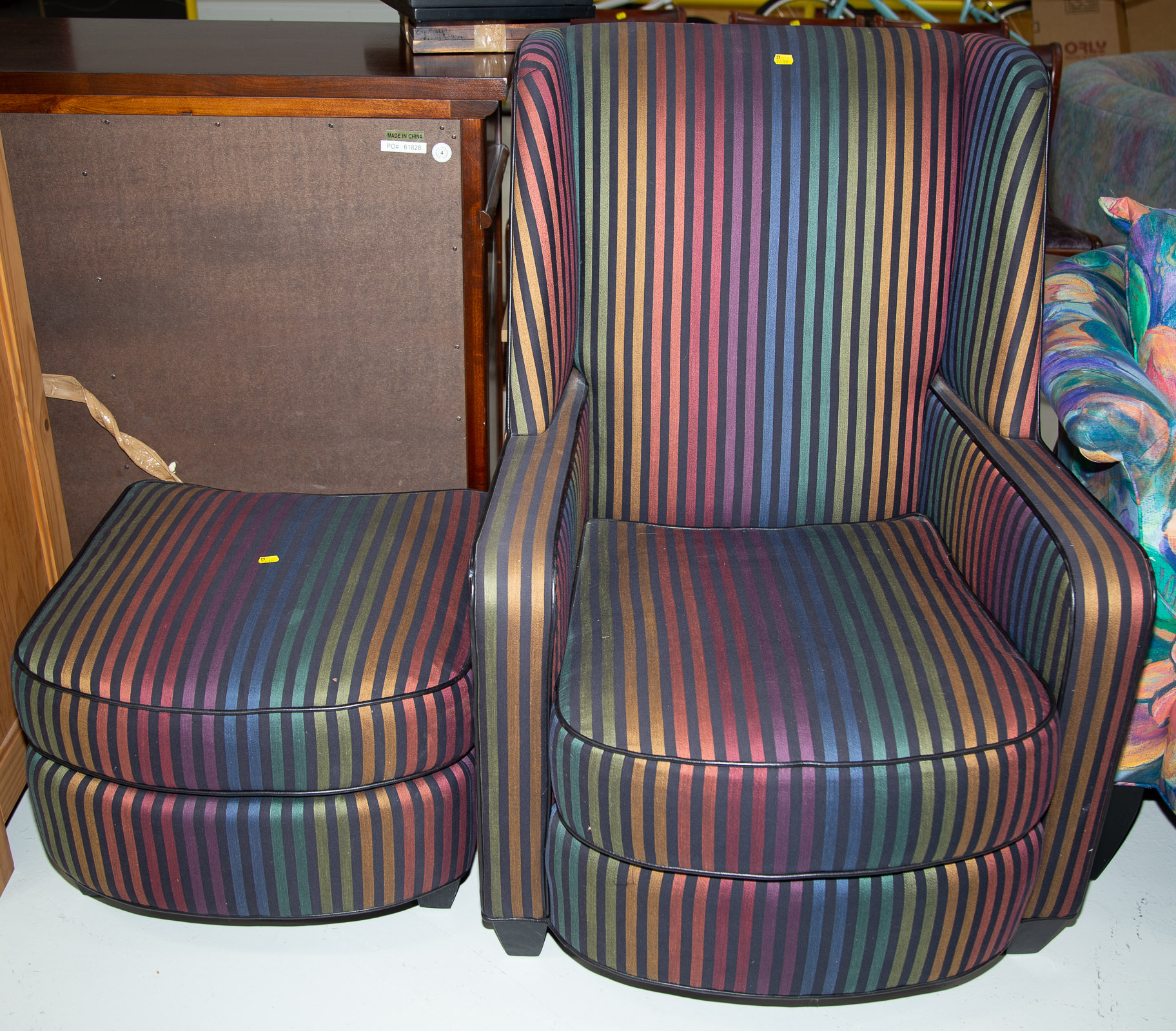 Appraisal: A PAIR OF BARREL BACK CHAIRS WING CHAIR OTTOMAN Upholstered