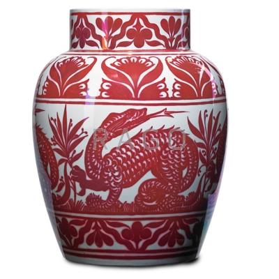 Appraisal: WILLIAM DE MORGAN Ruby lustre vase with dragons England s