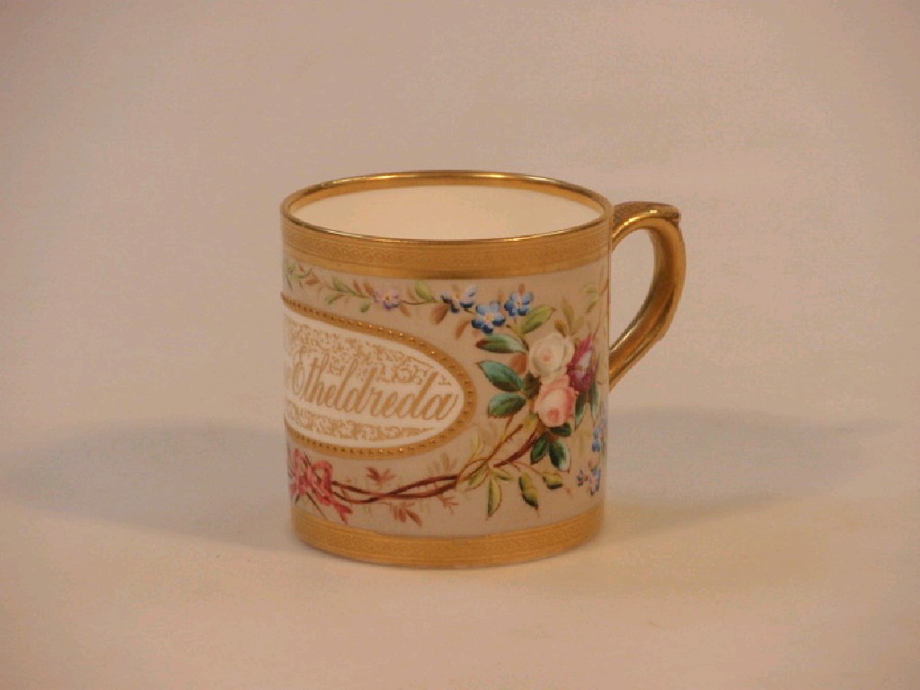 Appraisal: A mid thC Worcester cylindrical porcelain mug inscribed Dame Etheldreda