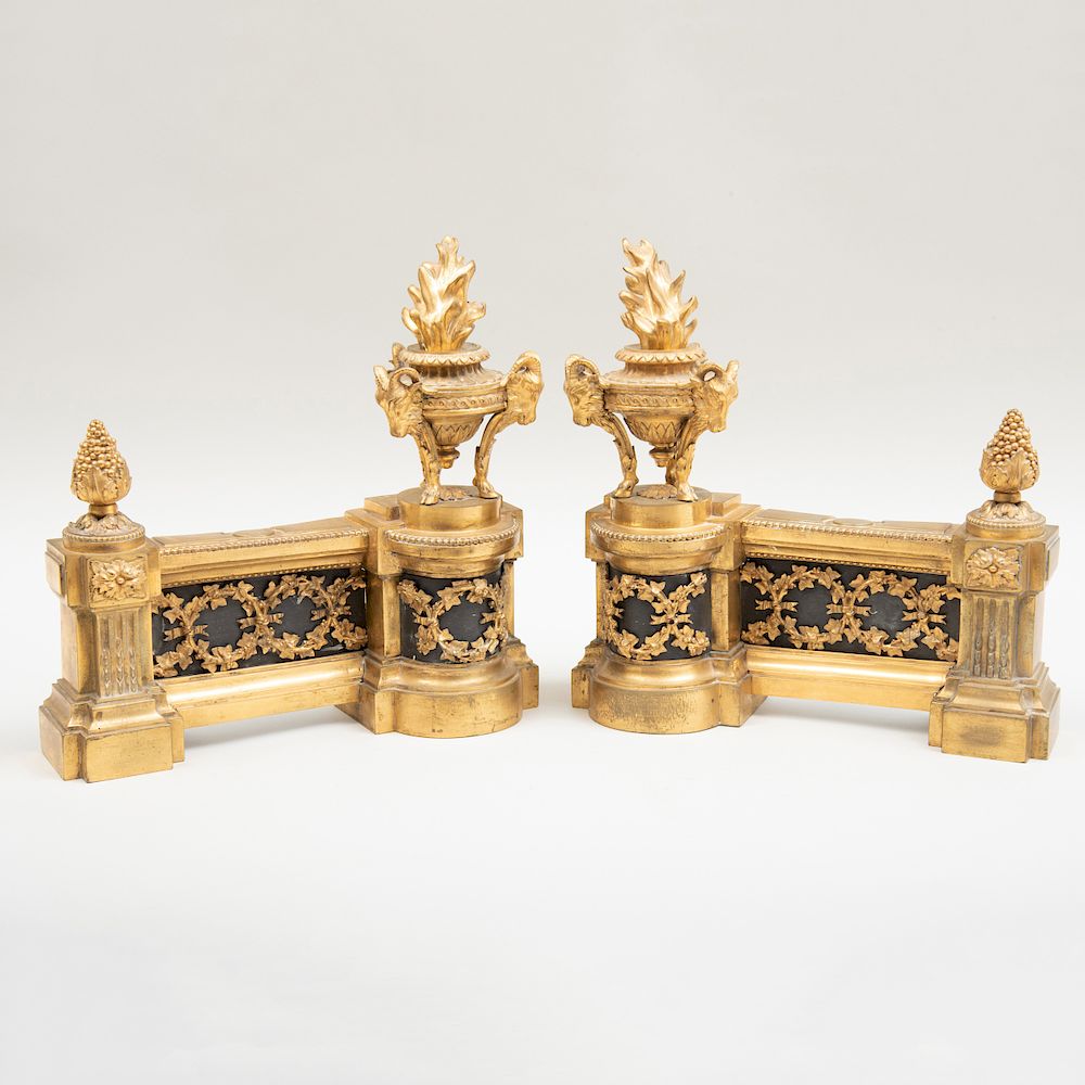 Appraisal: Pair of Louis XVI Gilt-Bronze Chenets Pair of Louis XVI