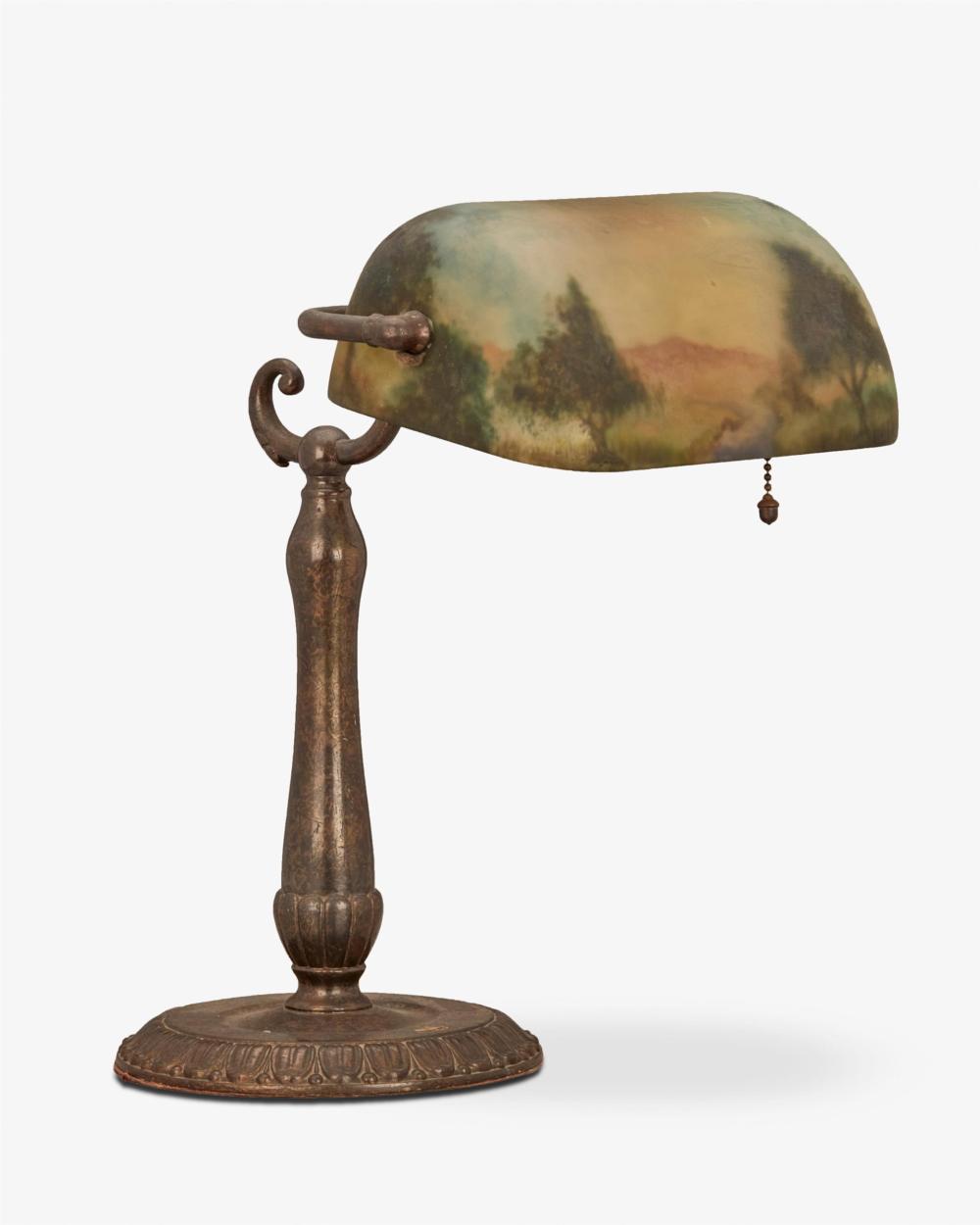 Appraisal: A Handel reverse-painted glass landscape piano lamp First-quarter th Century