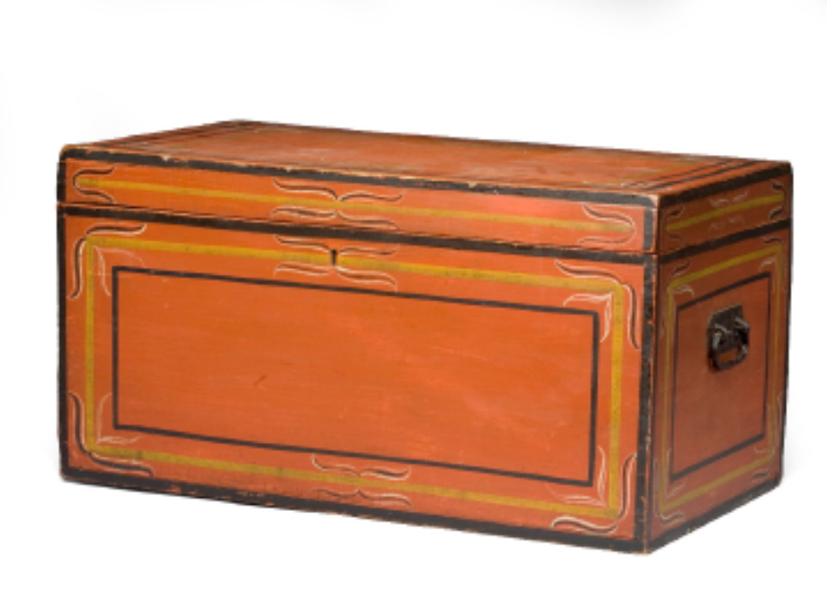 Appraisal: AMERICAN RED-PAINTED AND DECORATED FLAT-TOP TRUNK CIRCA With line borders