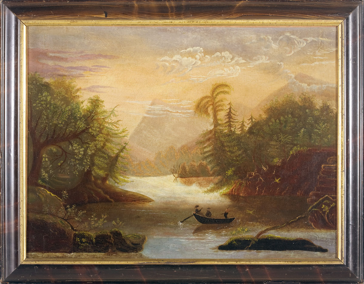 Appraisal: AMERICAN PRIMITIVE MOUNTAIN LANDSCAPE WITH MEN ROWING ON A RIVER