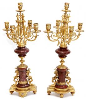 Appraisal: FRENCH BRONZE ROUGE MARBLE FIVE-LIGHT CANDELABRA TH C PAIR H