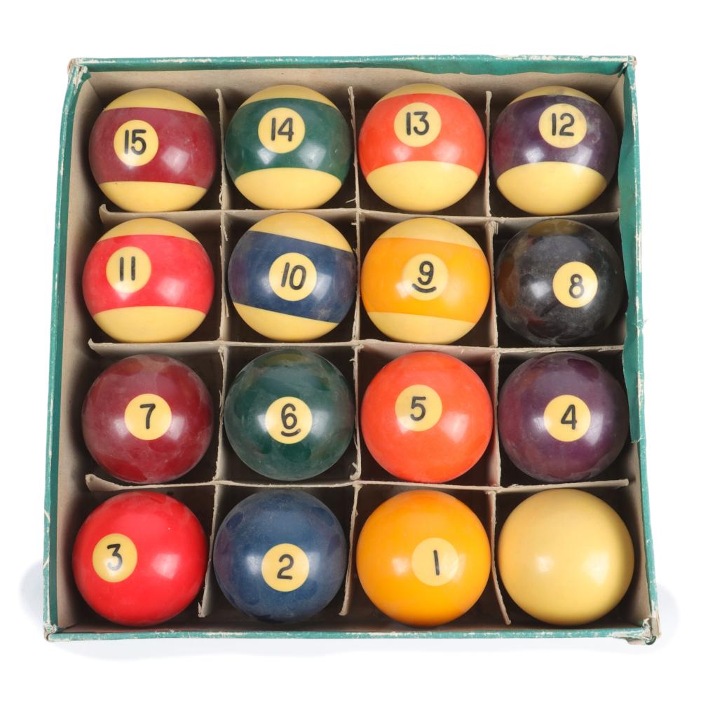 Appraisal: SIXTEEN BAKELITE BILLIARD BALLS IN MULTIPLE COLORS WITH ORIGINAL ARAMITH