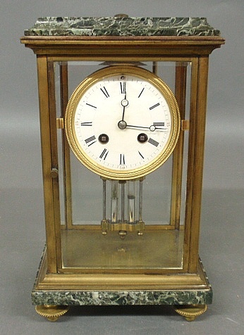 Appraisal: - French brass and beveled glass mantel clock with green