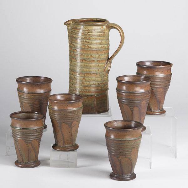 Appraisal: VAL CUSHING Stoneware pitcher and six footed beakers All signed