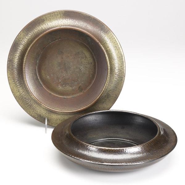 Appraisal: ROYCROFTTwo hammered copper center bowls one brass washedOrb and cross