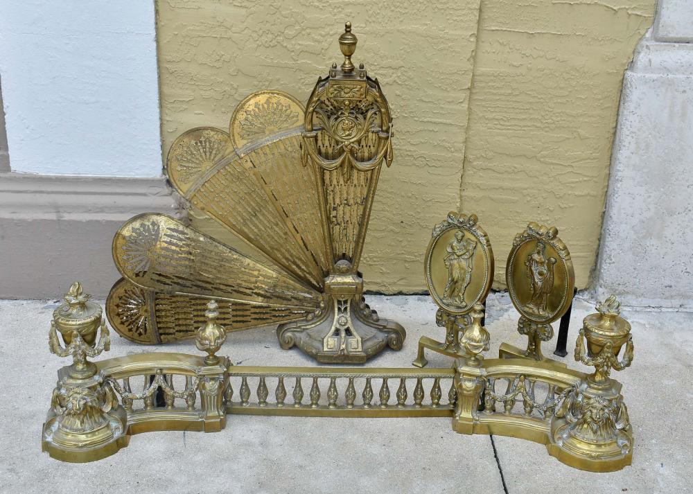 Appraisal: TWO PAIRS OF BRASS ANDIRONS PEACOCK FAN SCREENFrench The first